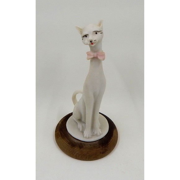 Capodimonte Miniature Siamese Cat Long Neck Bowtie Hand Painted Wooden Base - Picture 1 of 9